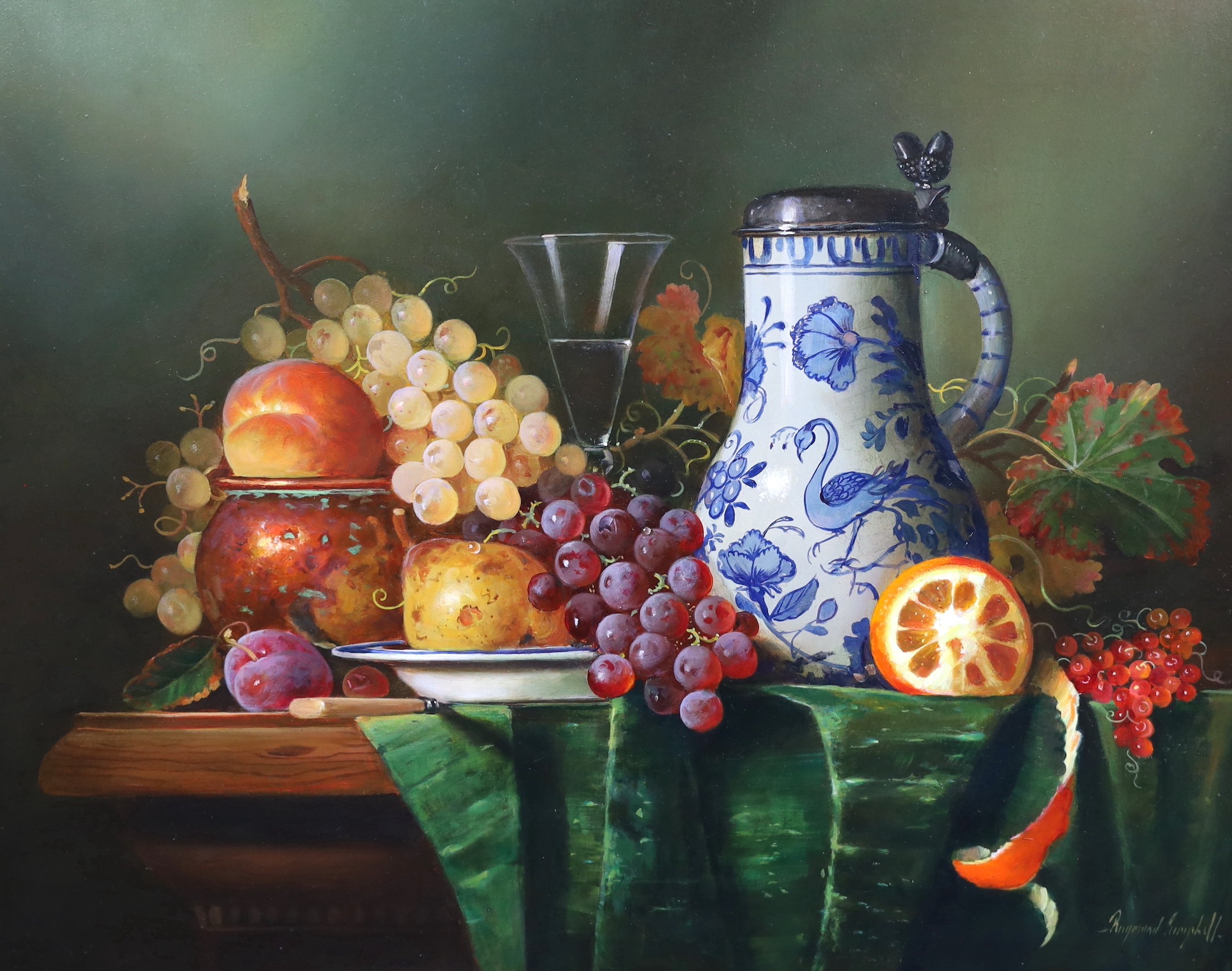 Raymond Campbell (b.1956), Still life of a delft flagon and fruit on a table top, oil on board, 50 x 60cm